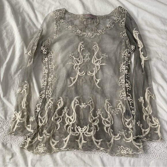 Pretty Angel Tops - Pretty Angel SMALL Sheer Embroidered Jacket long sleeve top gray white